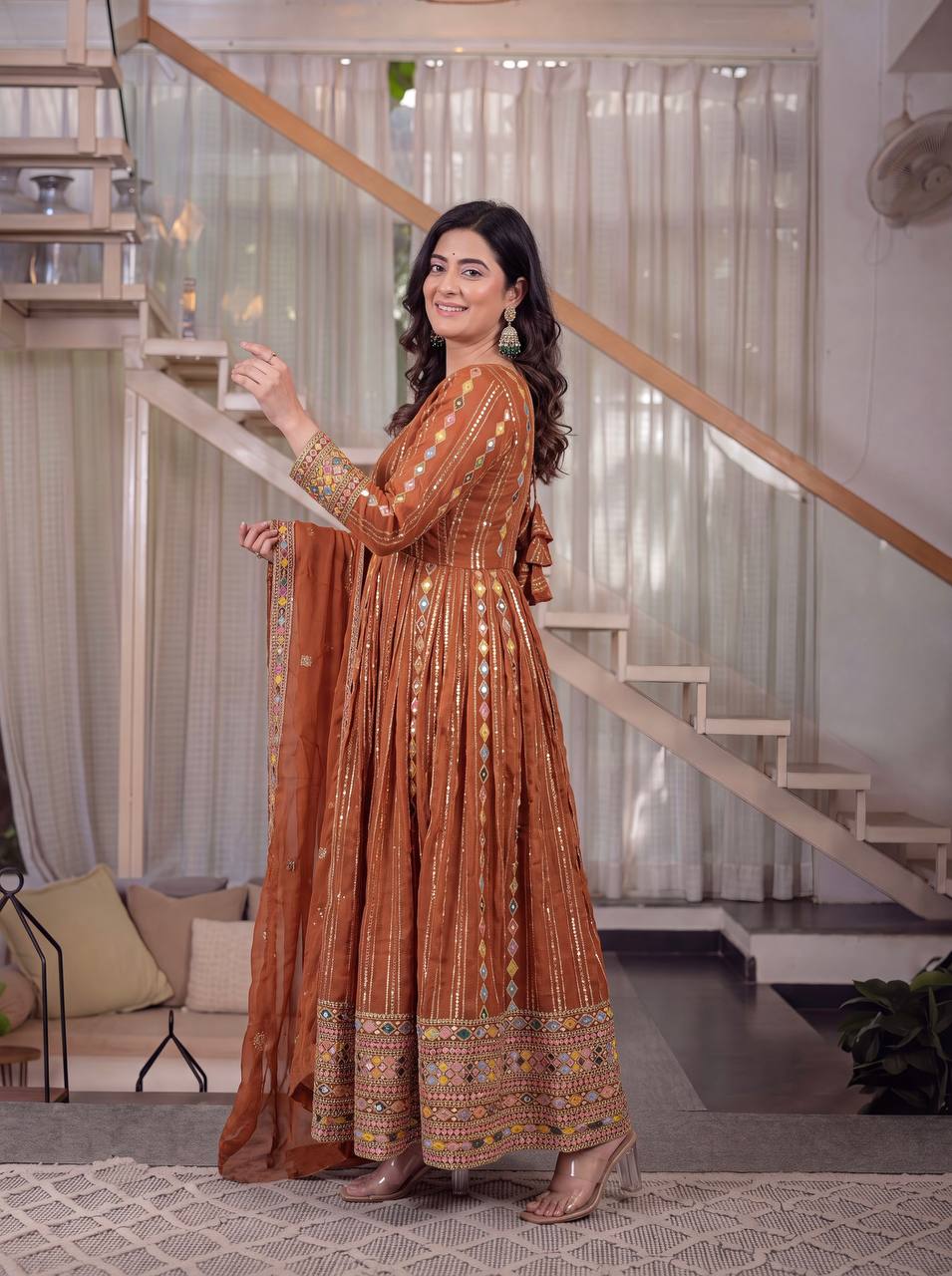 Aarohi Faux Blooming Georgette Sequins Embroidered Anarkali with Pant & Dupatta Set