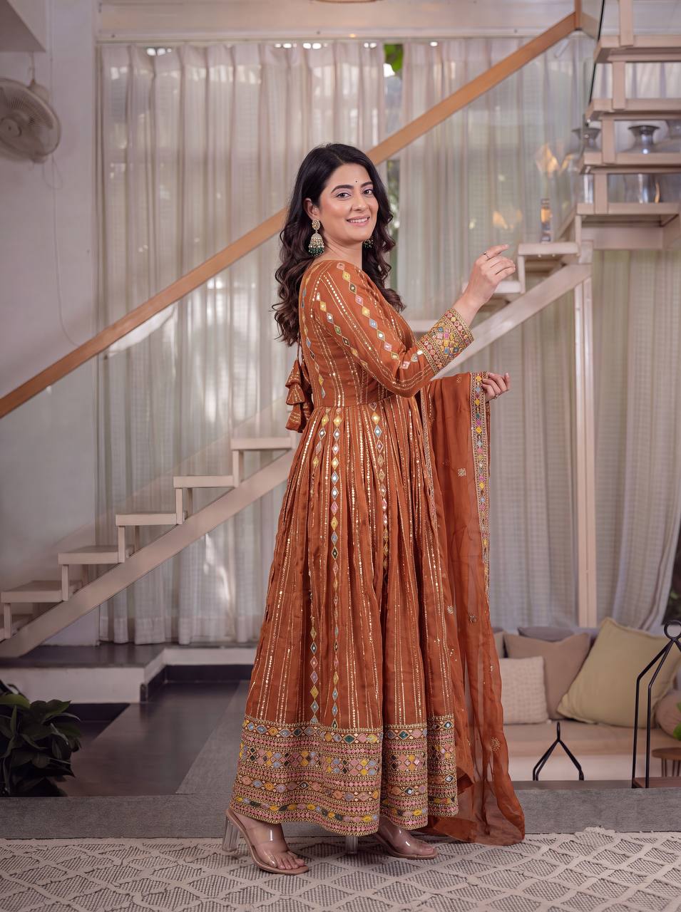 Aarohi Faux Blooming Georgette Sequins Embroidered Anarkali with Pant & Dupatta Set