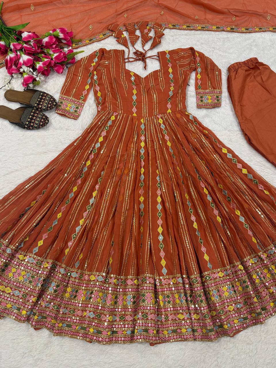 Aarohi Faux Blooming Georgette Sequins Embroidered Anarkali with Pant & Dupatta Set
