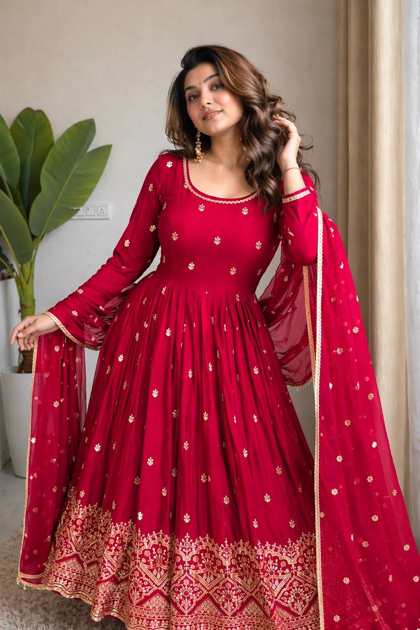 Ruhaniya Pure Chinon Silk Real Mirror Handwork Embroidered Gown with Pant & Dupatta