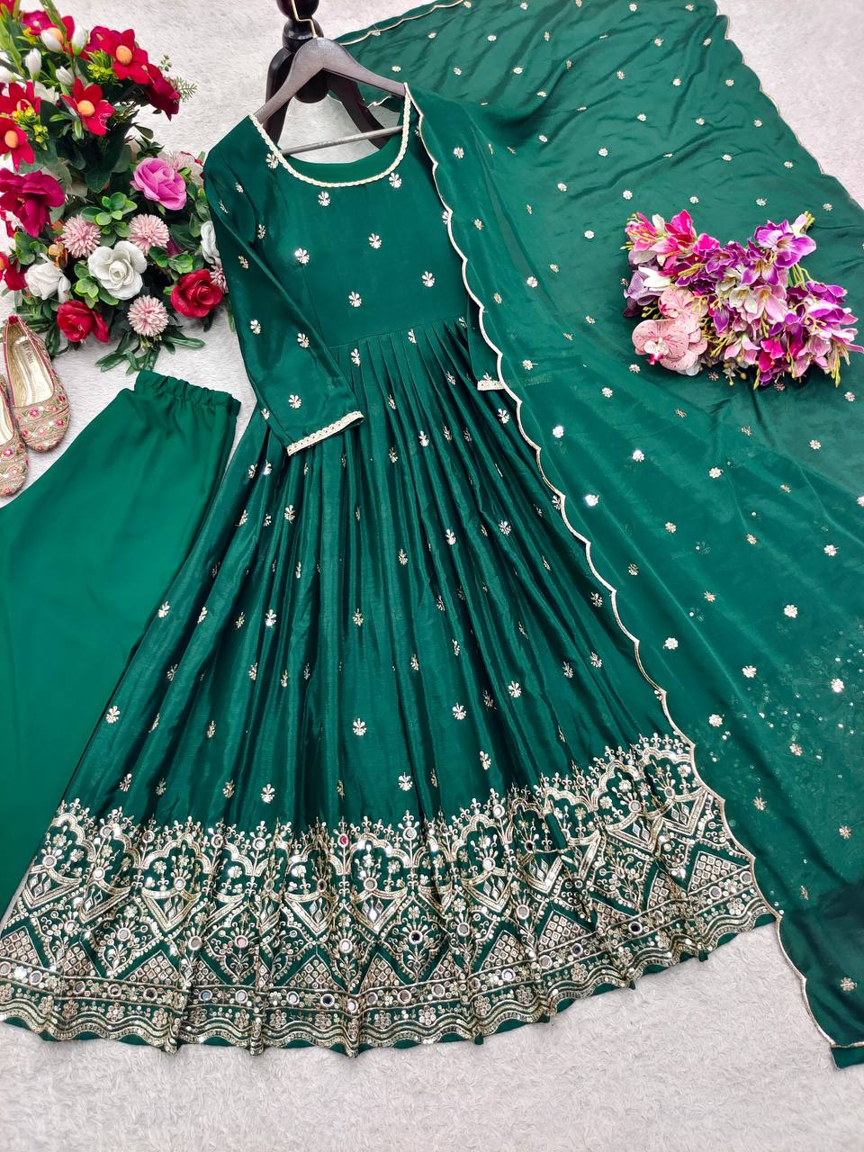 Ruhaniya Pure Chinon Silk Real Mirror Handwork Embroidered Gown with Pant & Dupatta