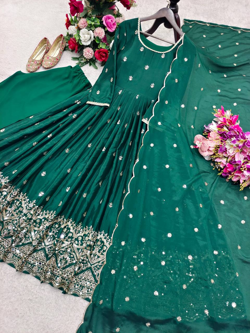 Ruhaniya Pure Chinon Silk Real Mirror Handwork Embroidered Gown with Pant & Dupatta