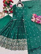 Ruhaniya Pure Chinon Silk Real Mirror Handwork Embroidered Gown with Pant & Dupatta