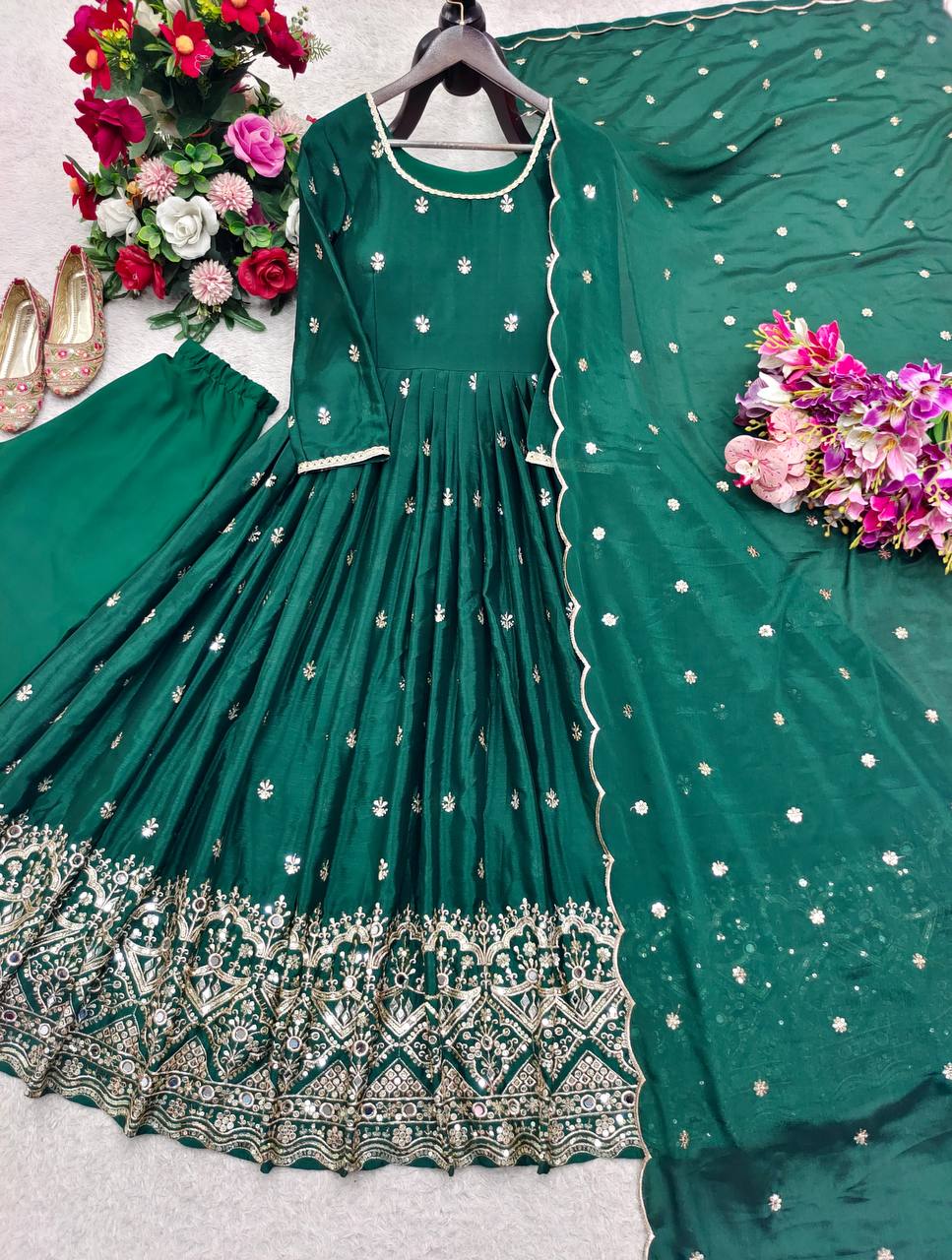 Ruhaniya Pure Chinon Silk Real Mirror Handwork Embroidered Gown with Pant & Dupatta