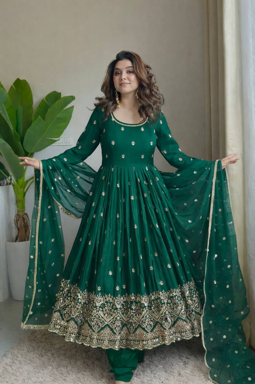 Ruhaniya Pure Chinon Silk Real Mirror Handwork Embroidered Gown with Pant & Dupatta