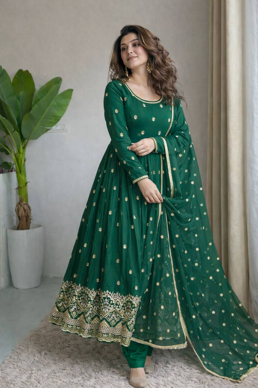 Ruhaniya Pure Chinon Silk Real Mirror Handwork Embroidered Gown with Pant & Dupatta