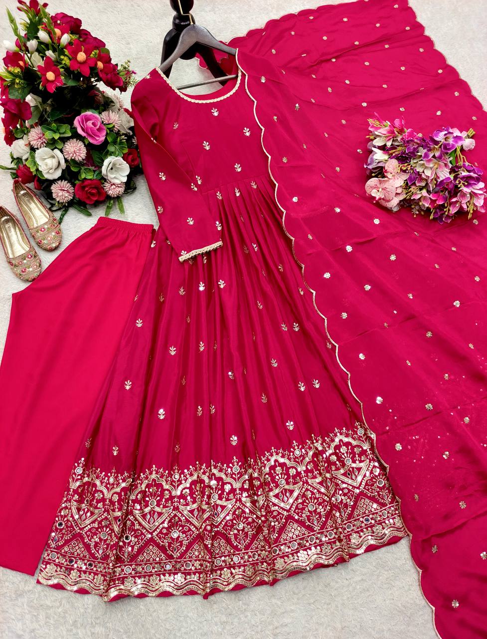 Ruhaniya Pure Chinon Silk Real Mirror Handwork Embroidered Gown with Pant & Dupatta