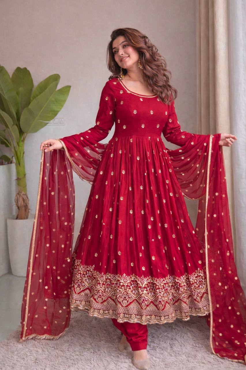 Ruhaniya Pure Chinon Silk Real Mirror Handwork Embroidered Gown with Pant & Dupatta