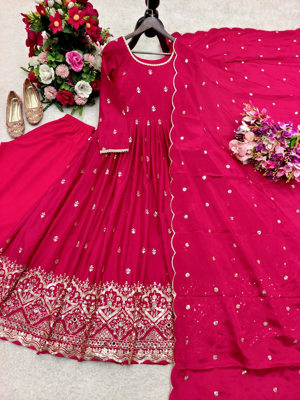 Ruhaniya Pure Chinon Silk Real Mirror Handwork Embroidered Gown with Pant & Dupatta