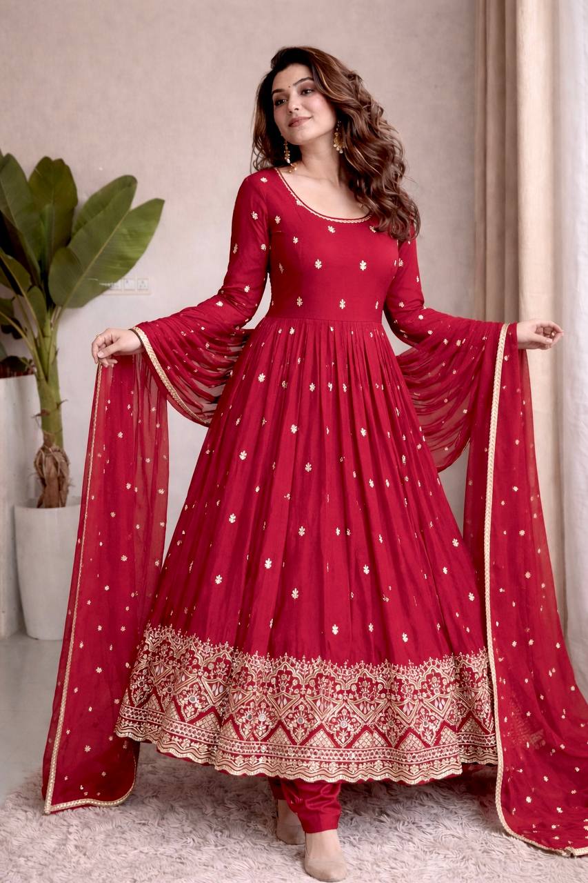 Ruhaniya Pure Chinon Silk Real Mirror Handwork Embroidered Gown with Pant & Dupatta