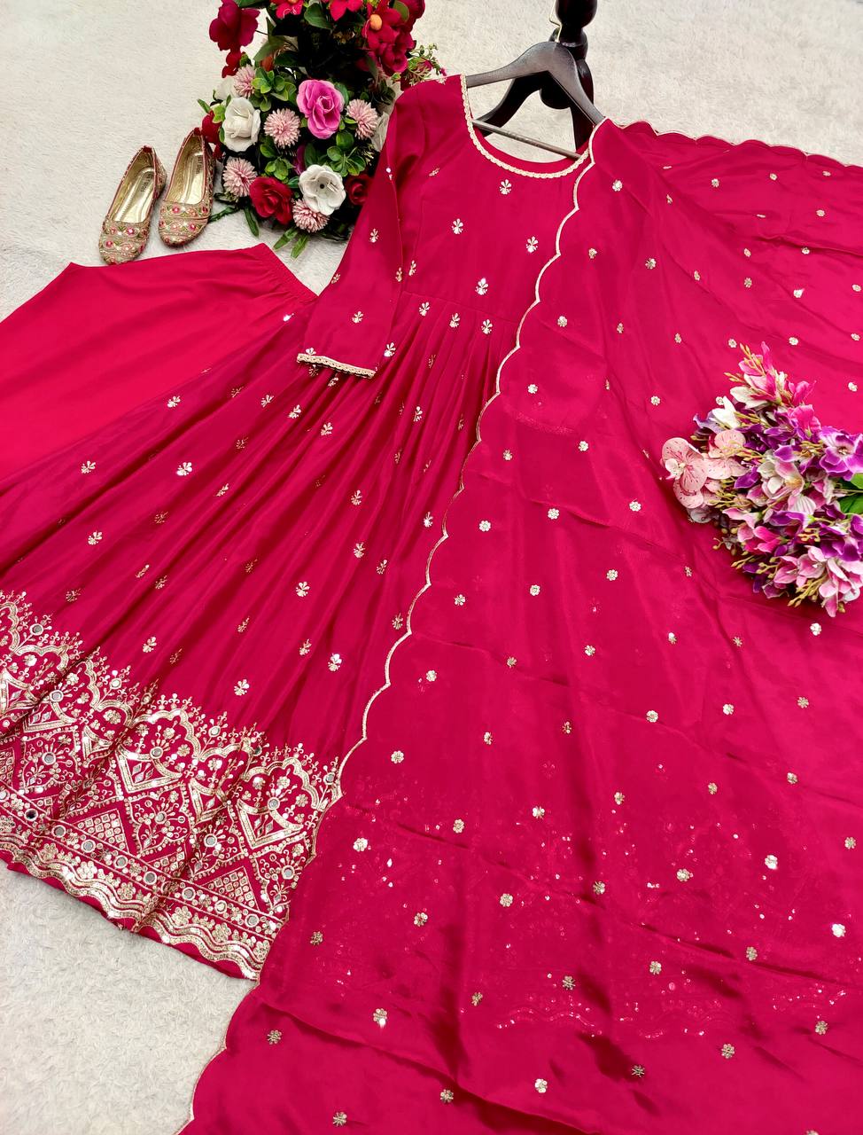 Ruhaniya Pure Chinon Silk Real Mirror Handwork Embroidered Gown with Pant & Dupatta