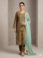 Vaidehi Glass Roman Embroidered Kurti with Pant & Georgette Dupatta Set