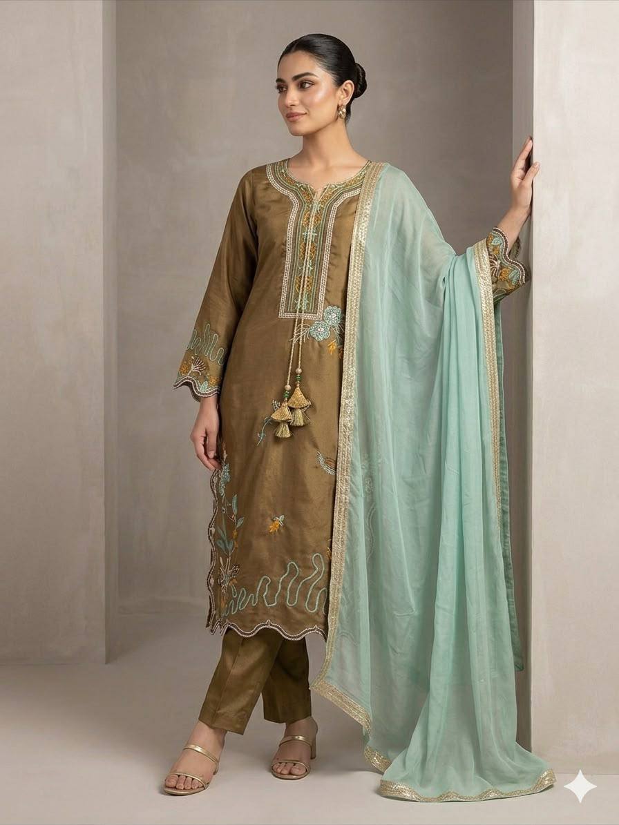 Vaidehi Glass Roman Embroidered Kurti with Pant & Georgette Dupatta Set