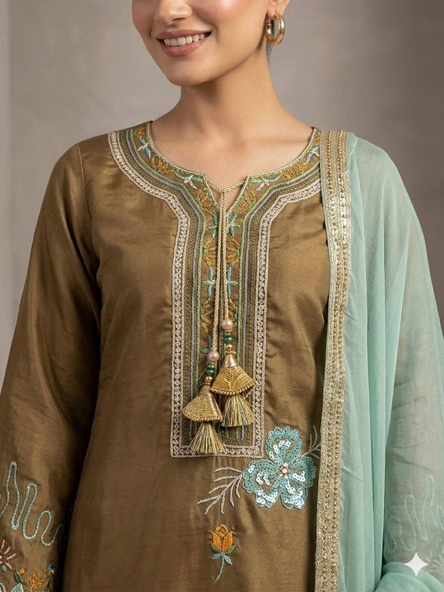 Vaidehi Glass Roman Embroidered Kurti with Pant & Georgette Dupatta Set