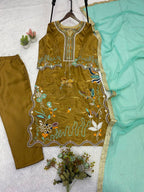 Vaidehi Glass Roman Embroidered Kurti with Pant & Georgette Dupatta Set