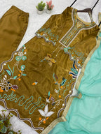 Vaidehi Glass Roman Embroidered Kurti with Pant & Georgette Dupatta Set