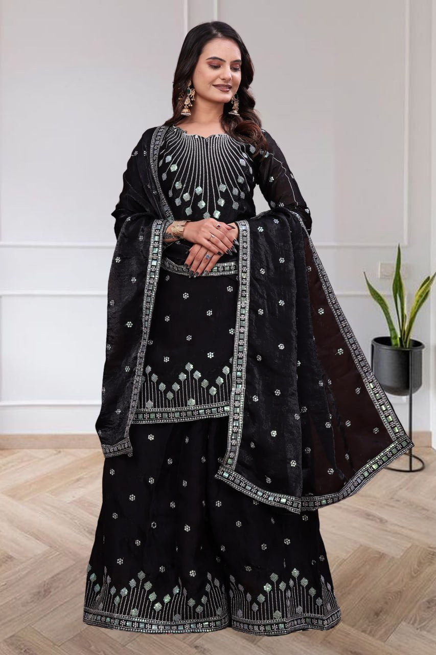 Vaanika Fendy Silk Zilmil Sequins Embroidered Sharara Suit with Dupatta