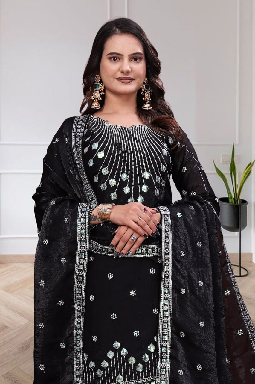 Vaanika Fendy Silk Zilmil Sequins Embroidered Sharara Suit with Dupatta