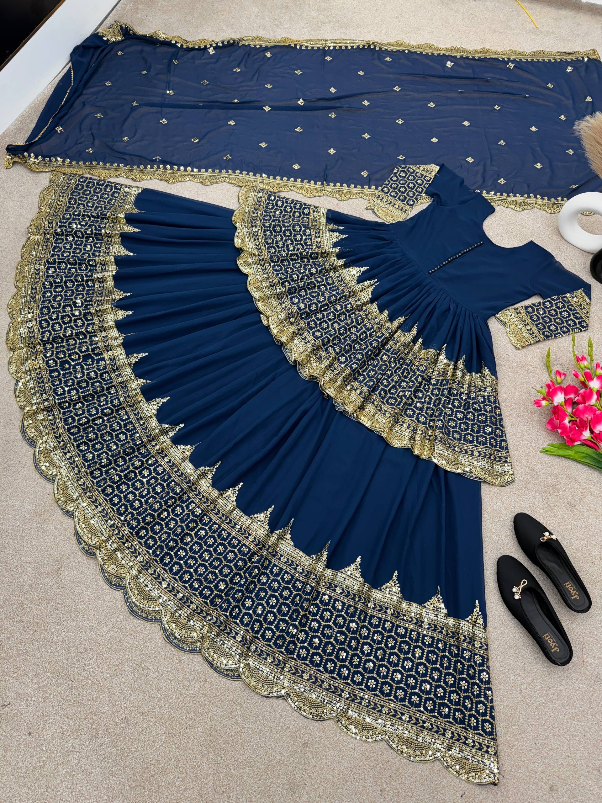 Vaishnavi Faux Georgette Sequins Embroidered Lehenga with Top & Dupatta Set