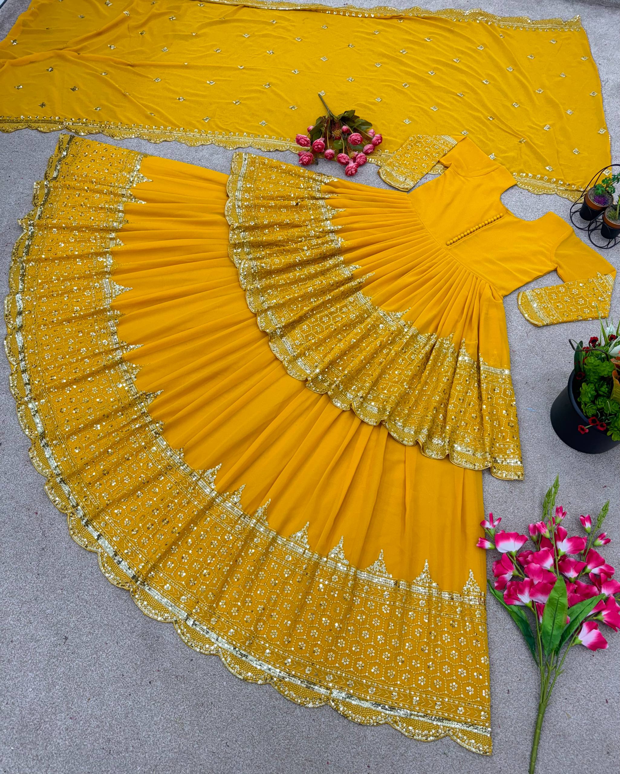 Vaishnavi Faux Georgette Sequins Embroidered Lehenga with Top & Dupatta Set