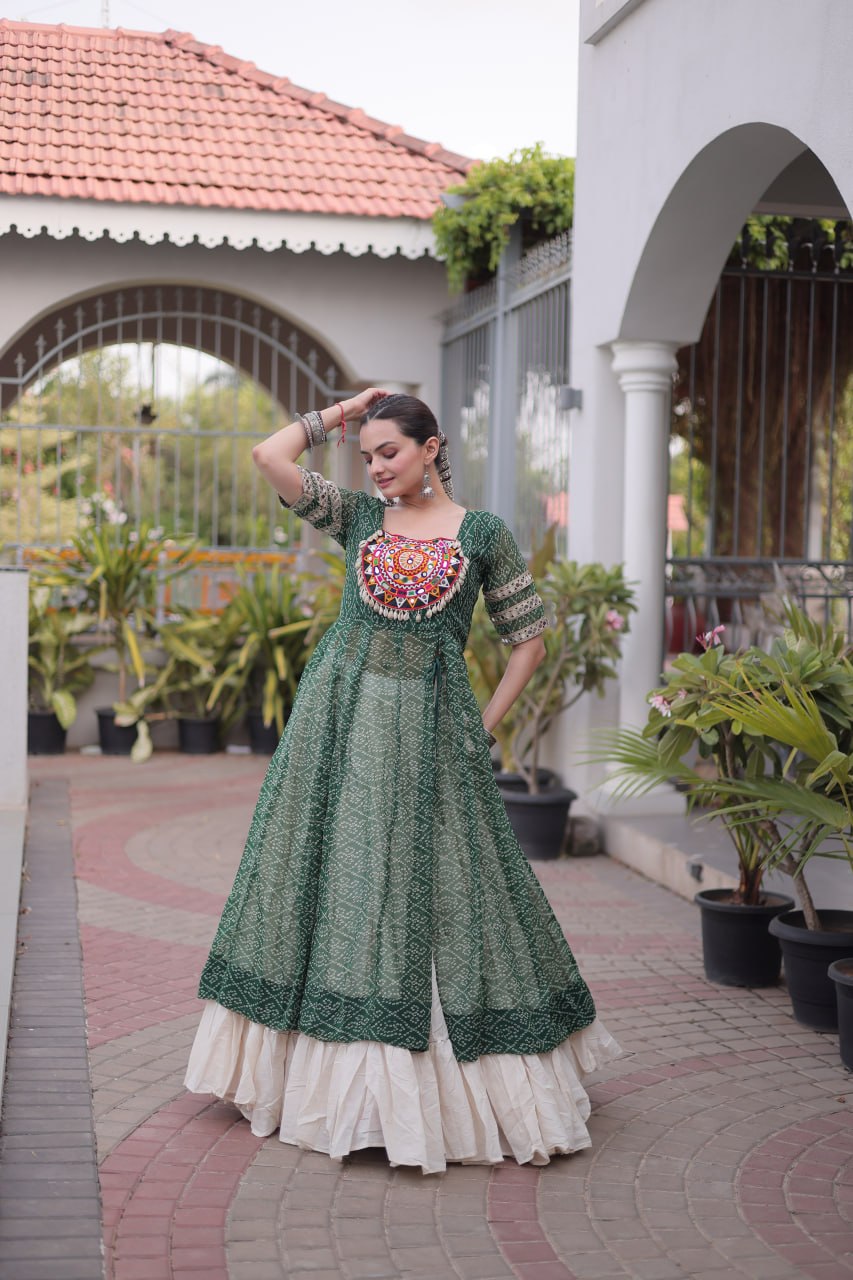 Raivika Kora Cotton Lehenga with Bandhani Faux Georgette Kurti – Navratri Special Set