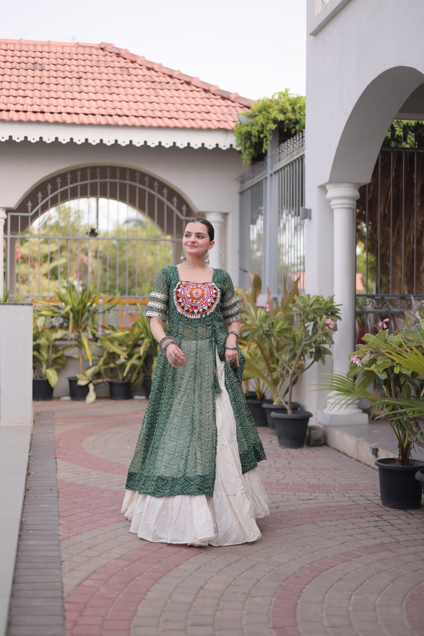 Raivika Kora Cotton Lehenga with Bandhani Faux Georgette Kurti – Navratri Special Set
