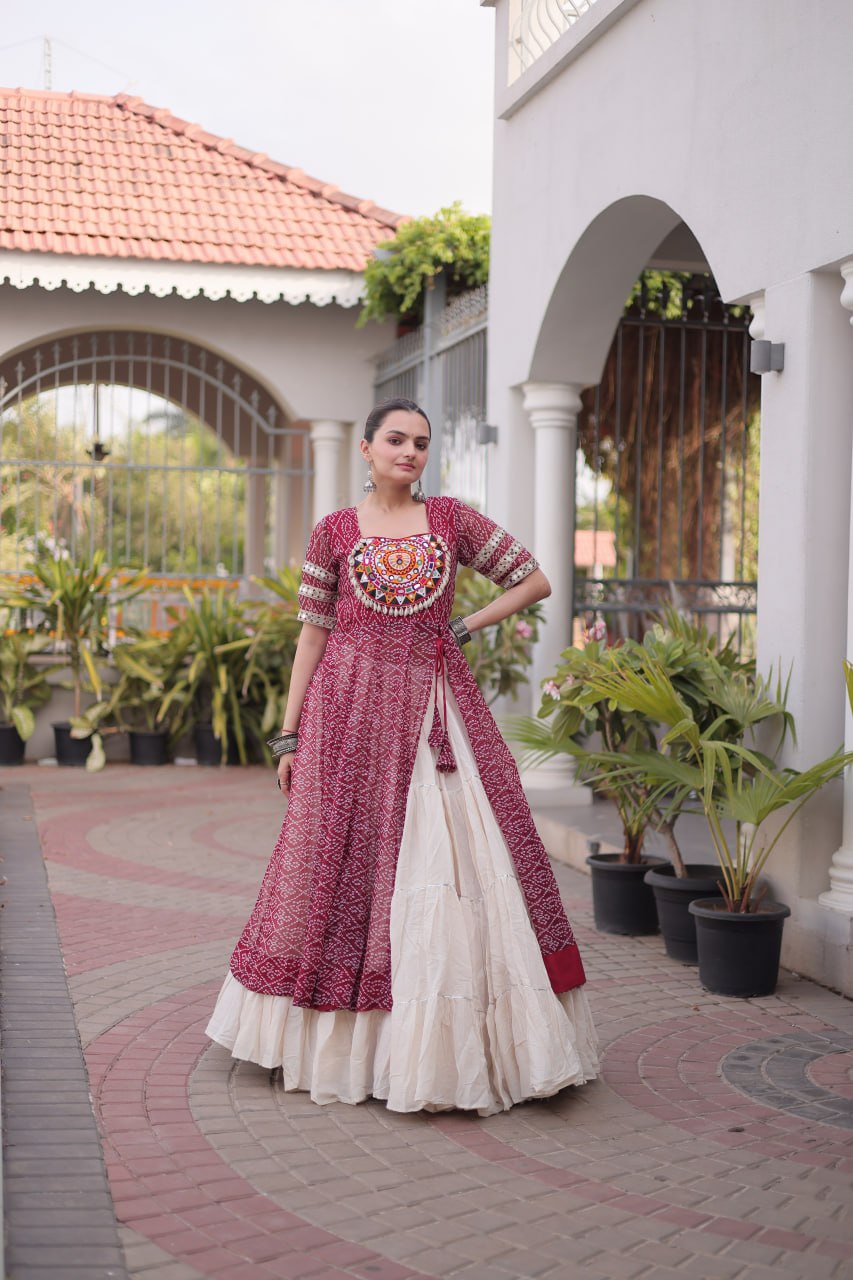 Raivika Kora Cotton Lehenga with Bandhani Faux Georgette Kurti – Navratri Special Set