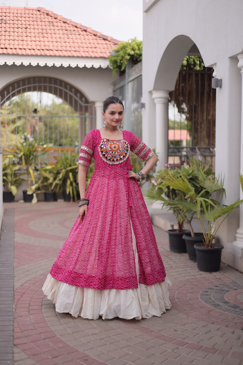 Raivika Kora Cotton Lehenga with Bandhani Faux Georgette Kurti – Navratri Special Set
