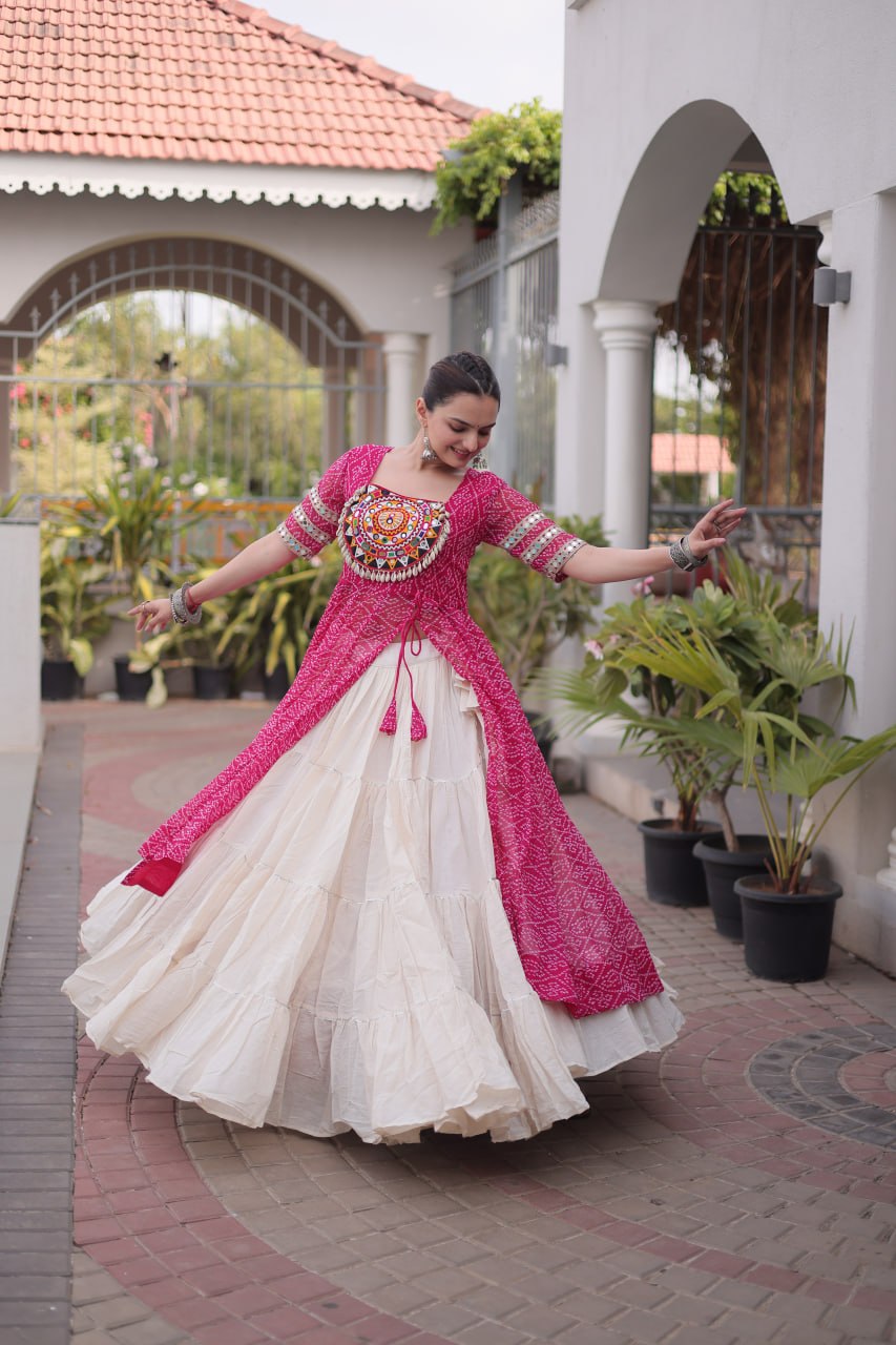 Raivika Kora Cotton Lehenga with Bandhani Faux Georgette Kurti – Navratri Special Set