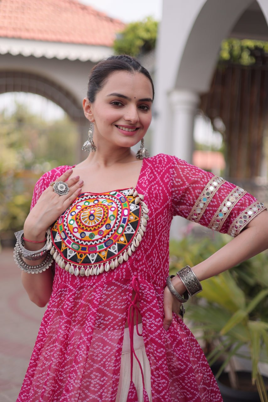Raivika Kora Cotton Lehenga with Bandhani Faux Georgette Kurti – Navratri Special Set