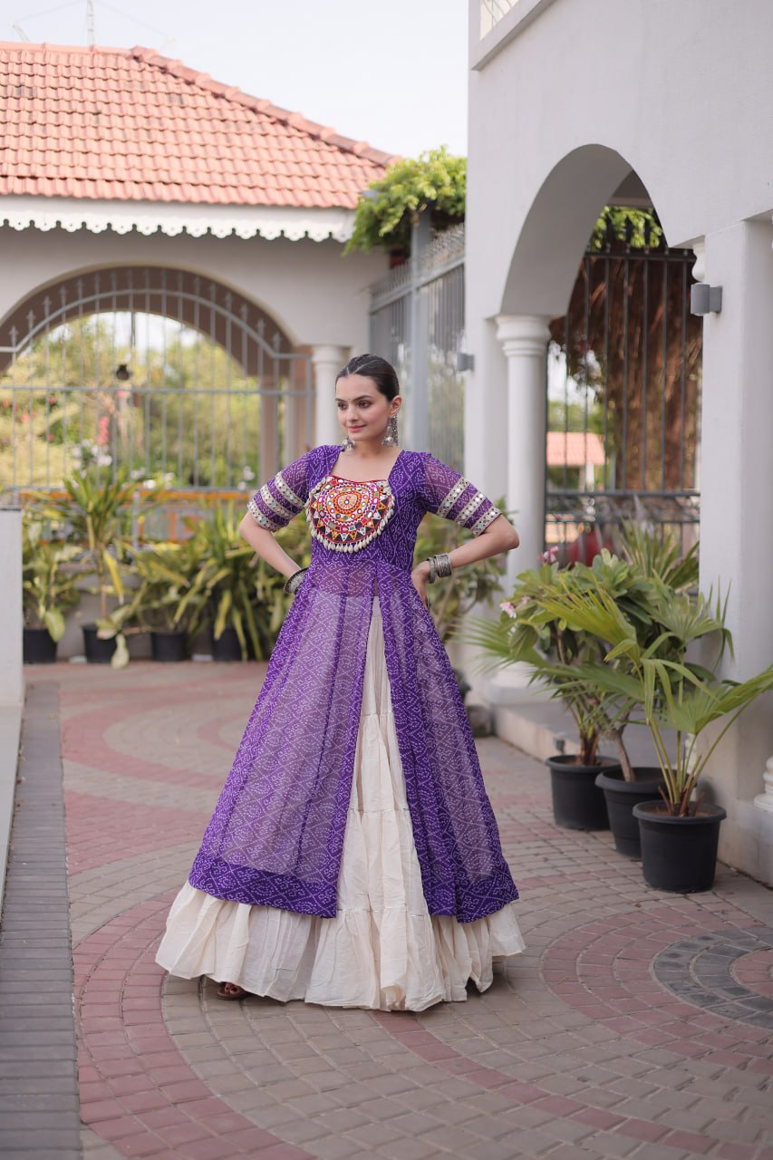 Raivika Kora Cotton Lehenga with Bandhani Faux Georgette Kurti – Navratri Special Set