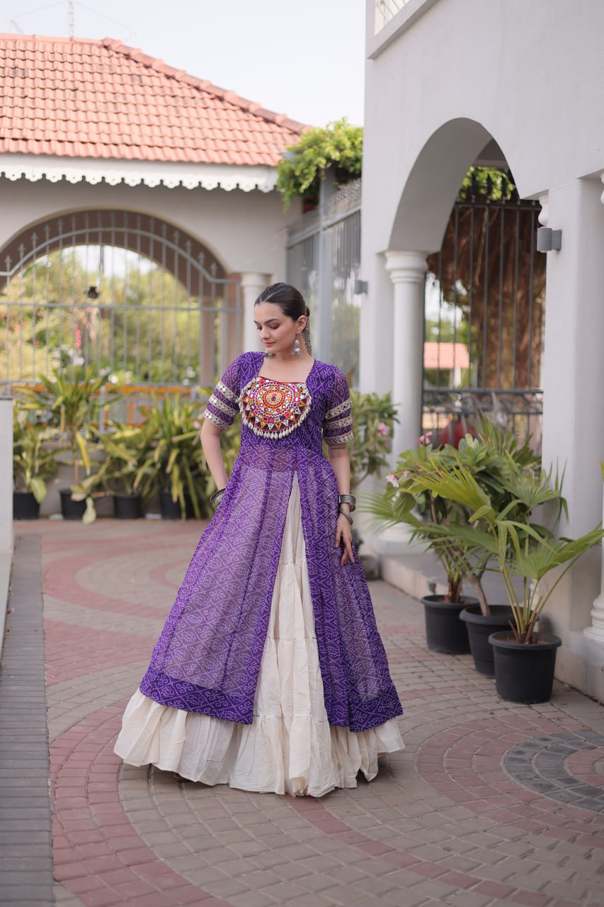 Raivika Kora Cotton Lehenga with Bandhani Faux Georgette Kurti – Navratri Special Set
