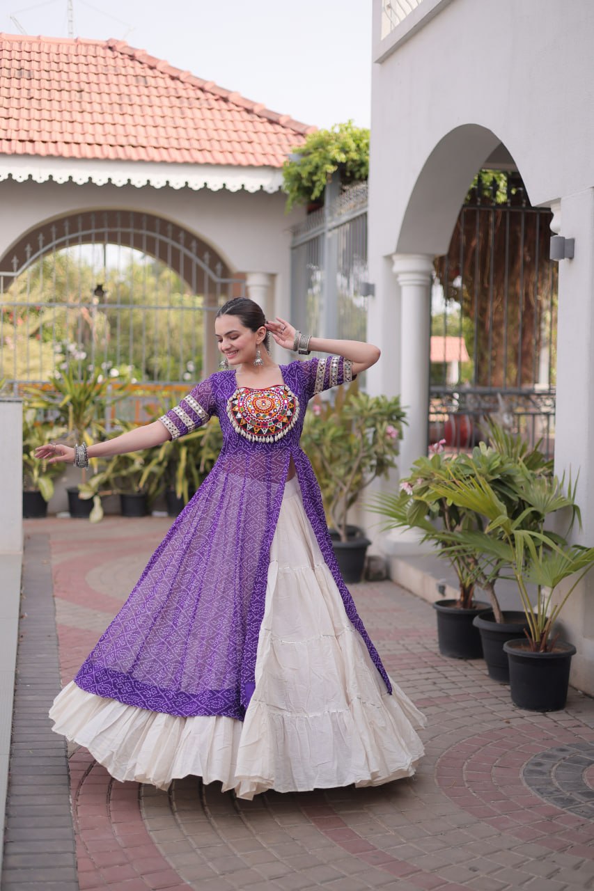 Raivika Kora Cotton Lehenga with Bandhani Faux Georgette Kurti – Navratri Special Set