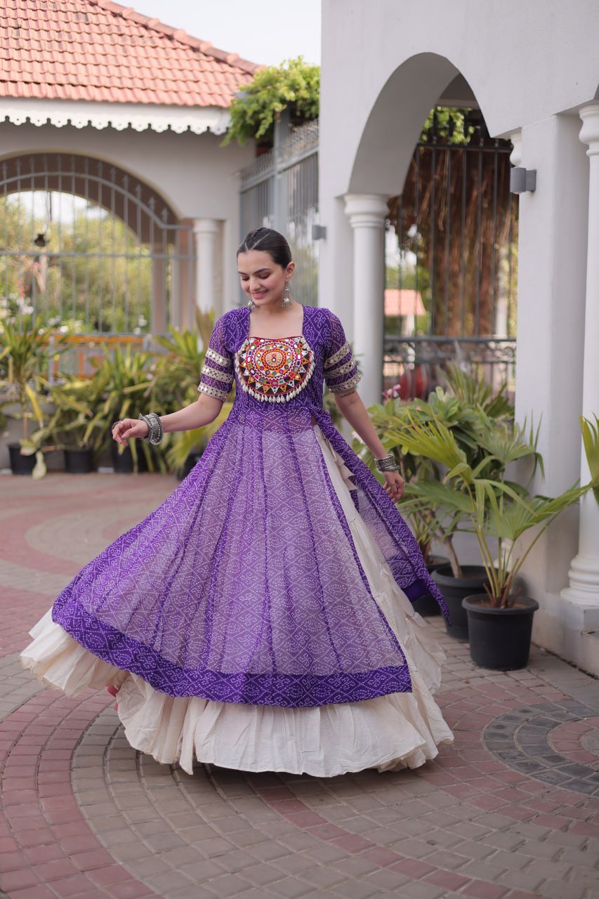 Raivika Kora Cotton Lehenga with Bandhani Faux Georgette Kurti – Navratri Special Set