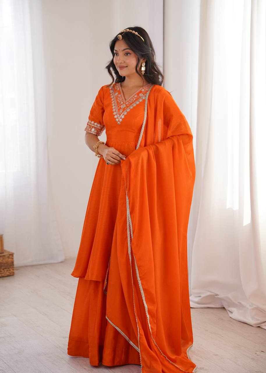 Mahveen Heavy Chinon Silk Embroidered Palazzo Suit with Sequin Work and Fancy Lace Dupatta