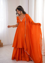 Mahveen Heavy Chinon Silk Embroidered Palazzo Suit with Sequin Work and Fancy Lace Dupatta