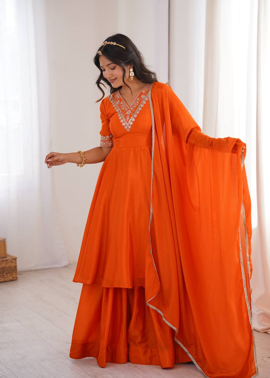 Mahveen Heavy Chinon Silk Embroidered Palazzo Suit with Sequin Work and Fancy Lace Dupatta