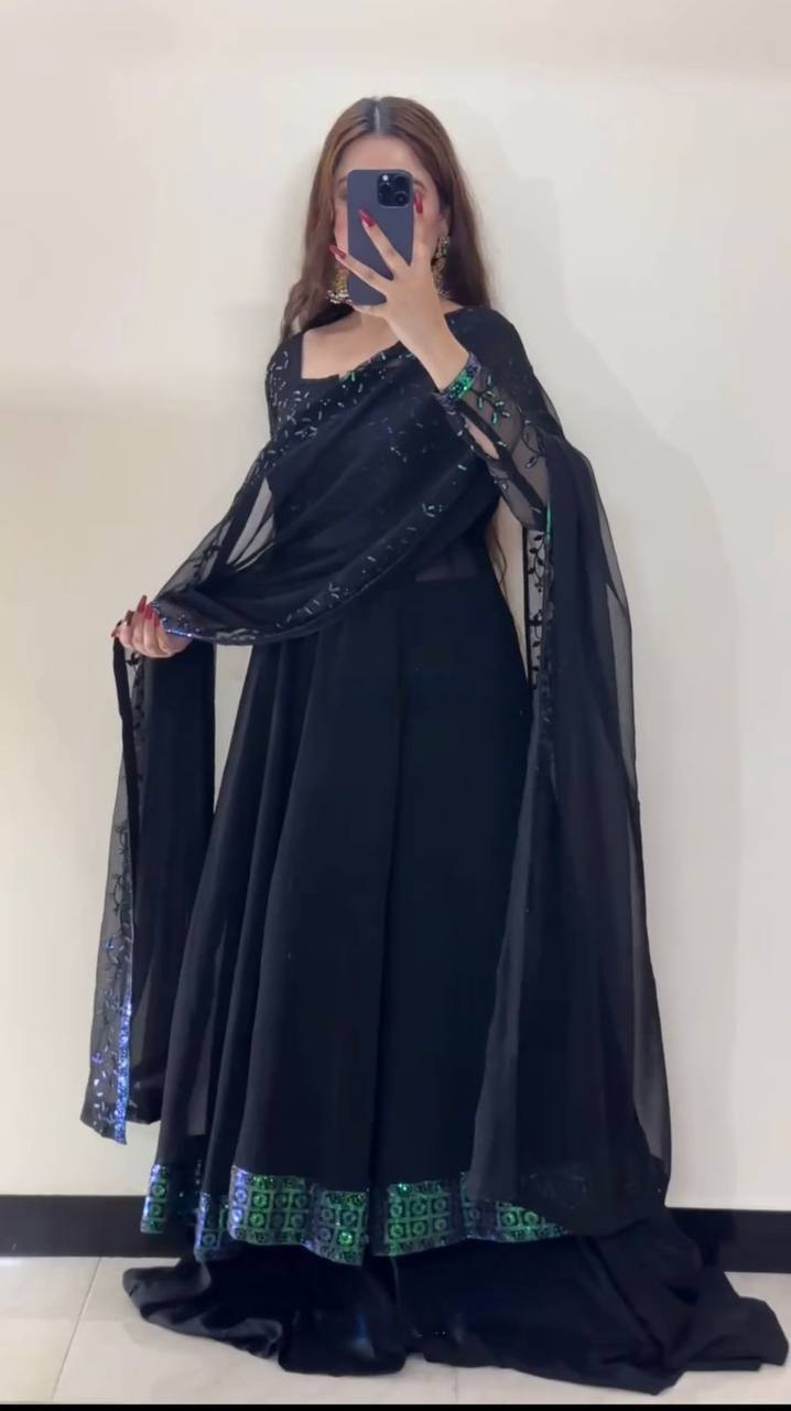 Avira Faux Georgette Thread & Sequin Work Top Palazzo Set with Matching Dupatta