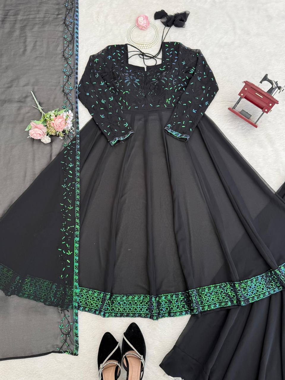 Avira Faux Georgette Thread & Sequin Work Top Palazzo Set with Matching Dupatta