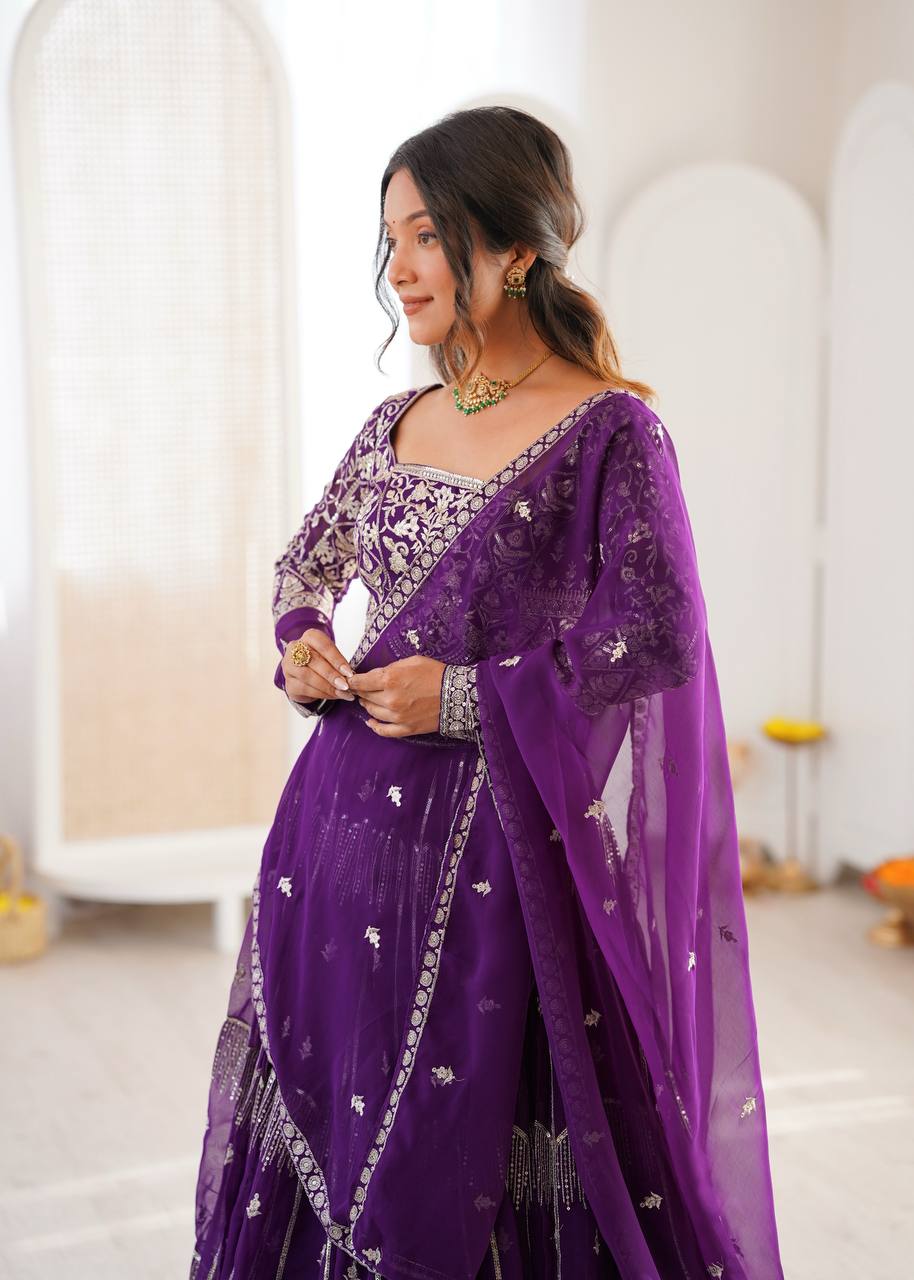 Wedding Wear Faux Georgette Thread & Sequin Embroidered Lehenga Choli Set