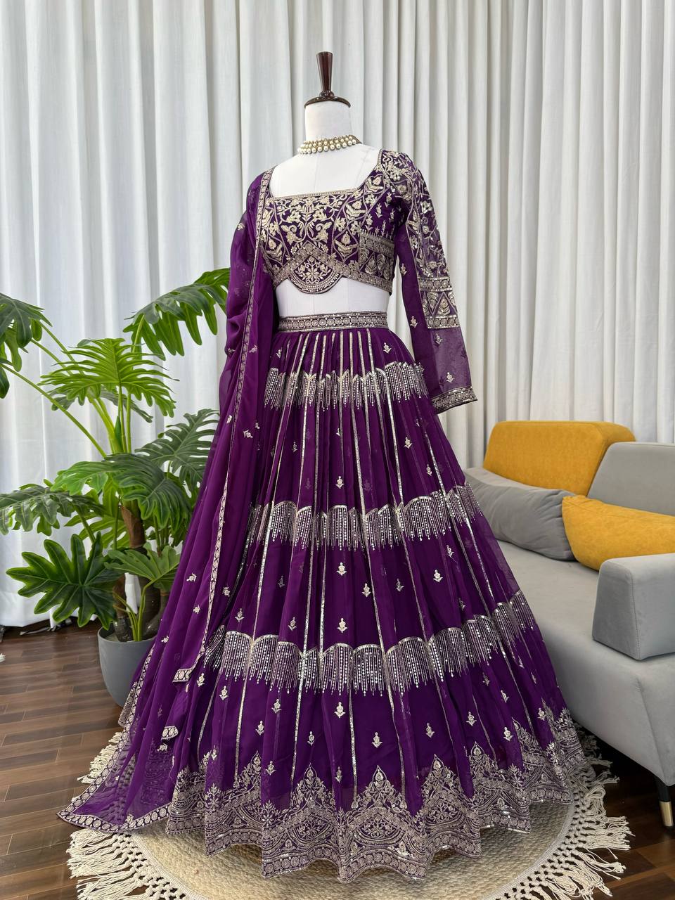 Wedding Wear Faux Georgette Thread & Sequin Embroidered Lehenga Choli Set