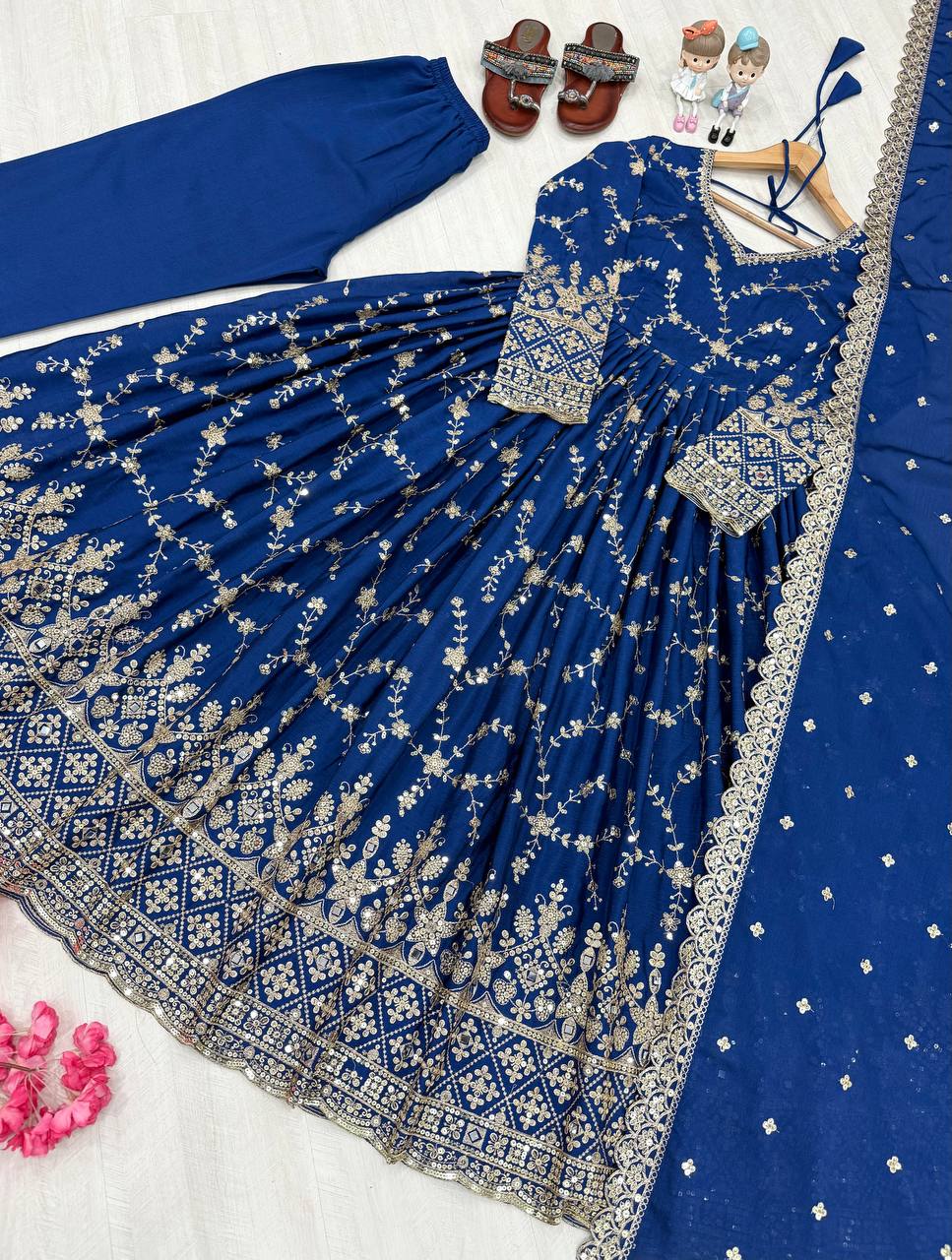 Elegant Chinon Embroidered Sequin & Mirror Work Anarkali Gown