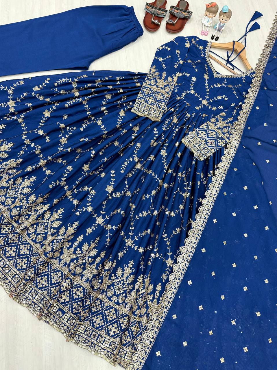 Elegant Chinon Embroidered Sequin & Mirror Work Anarkali Gown