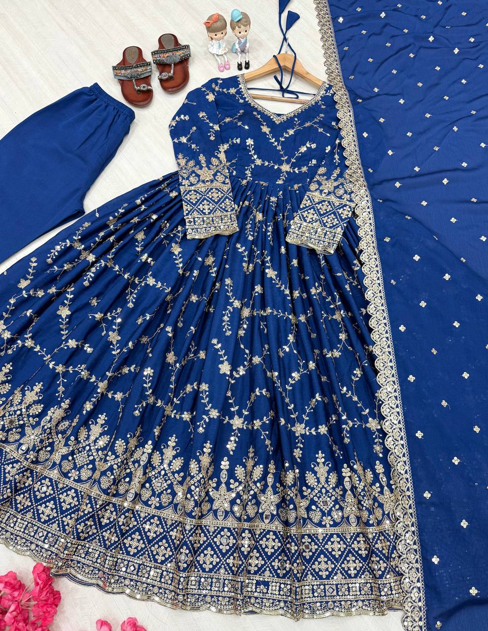 Elegant Chinon Embroidered Sequin & Mirror Work Anarkali Gown