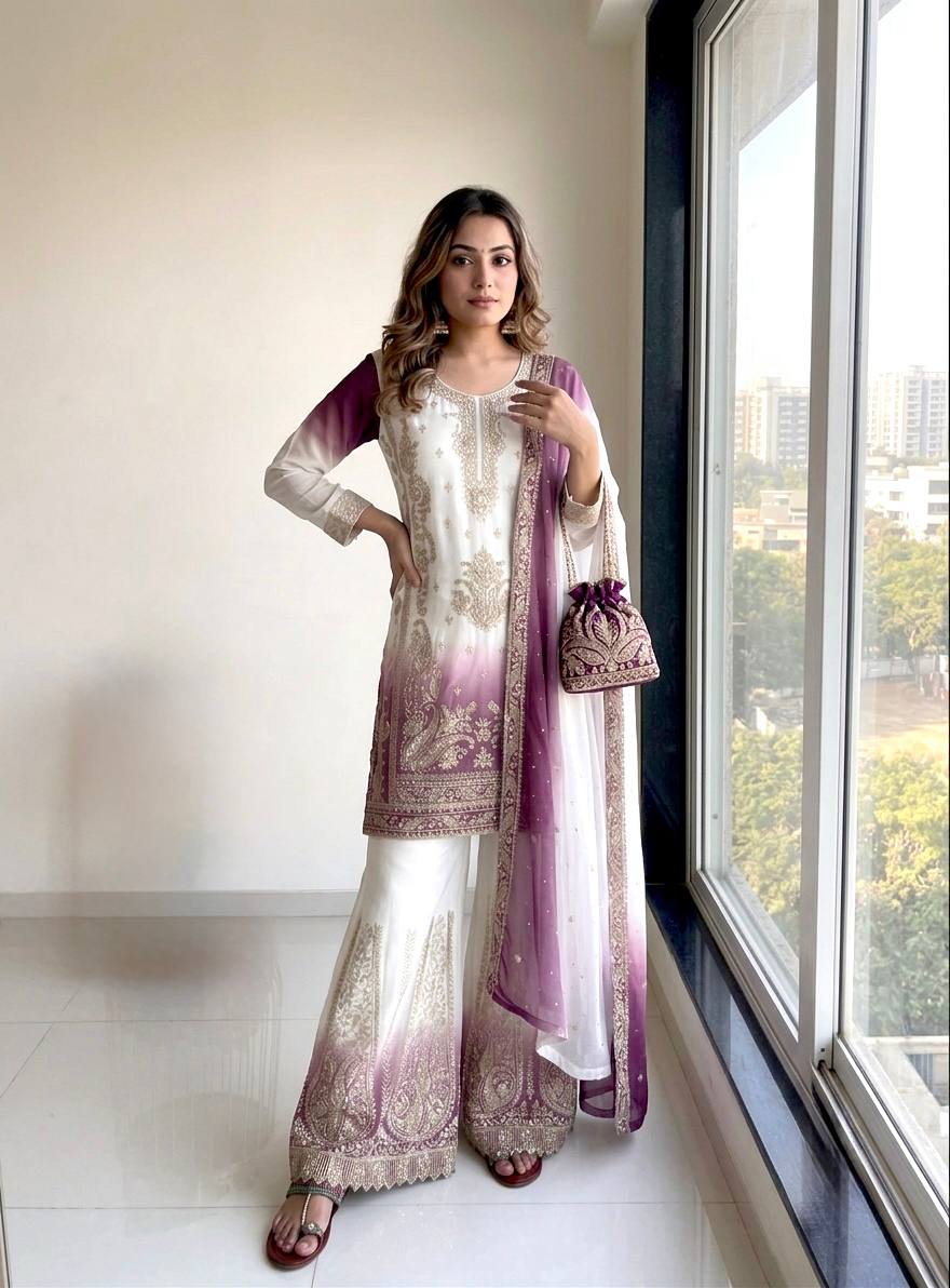 Yashvi Dual Tone Star Georgette Diamond Embroidered Kurti Palazzo with Dupatta Set