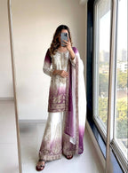 Yashvi Dual Tone Star Georgette Diamond Embroidered Kurti Palazzo with Dupatta Set