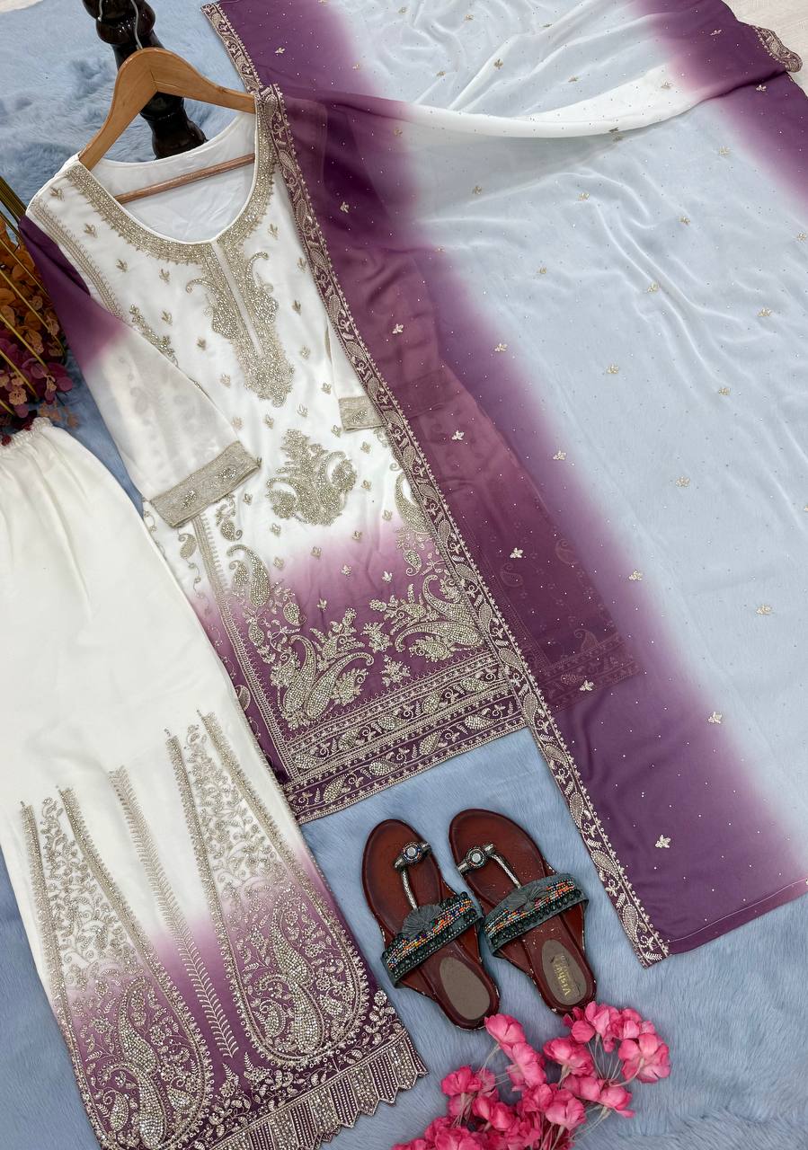 Yashvi Dual Tone Star Georgette Diamond Embroidered Kurti Palazzo with Dupatta Set