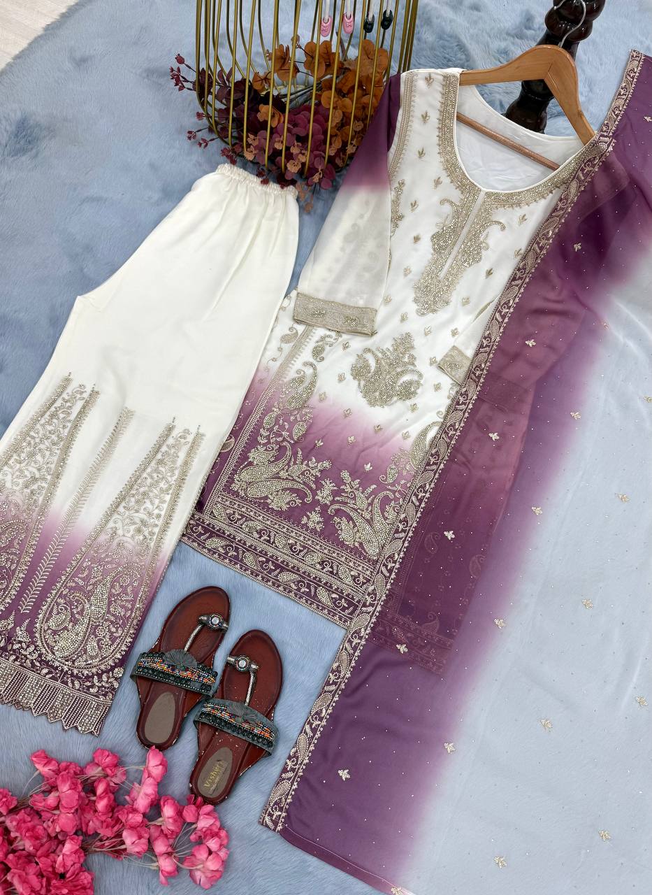 Yashvi Dual Tone Star Georgette Diamond Embroidered Kurti Palazzo with Dupatta Set