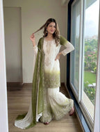 Yashvi Dual Tone Star Georgette Diamond Embroidered Kurti Palazzo with Dupatta Set
