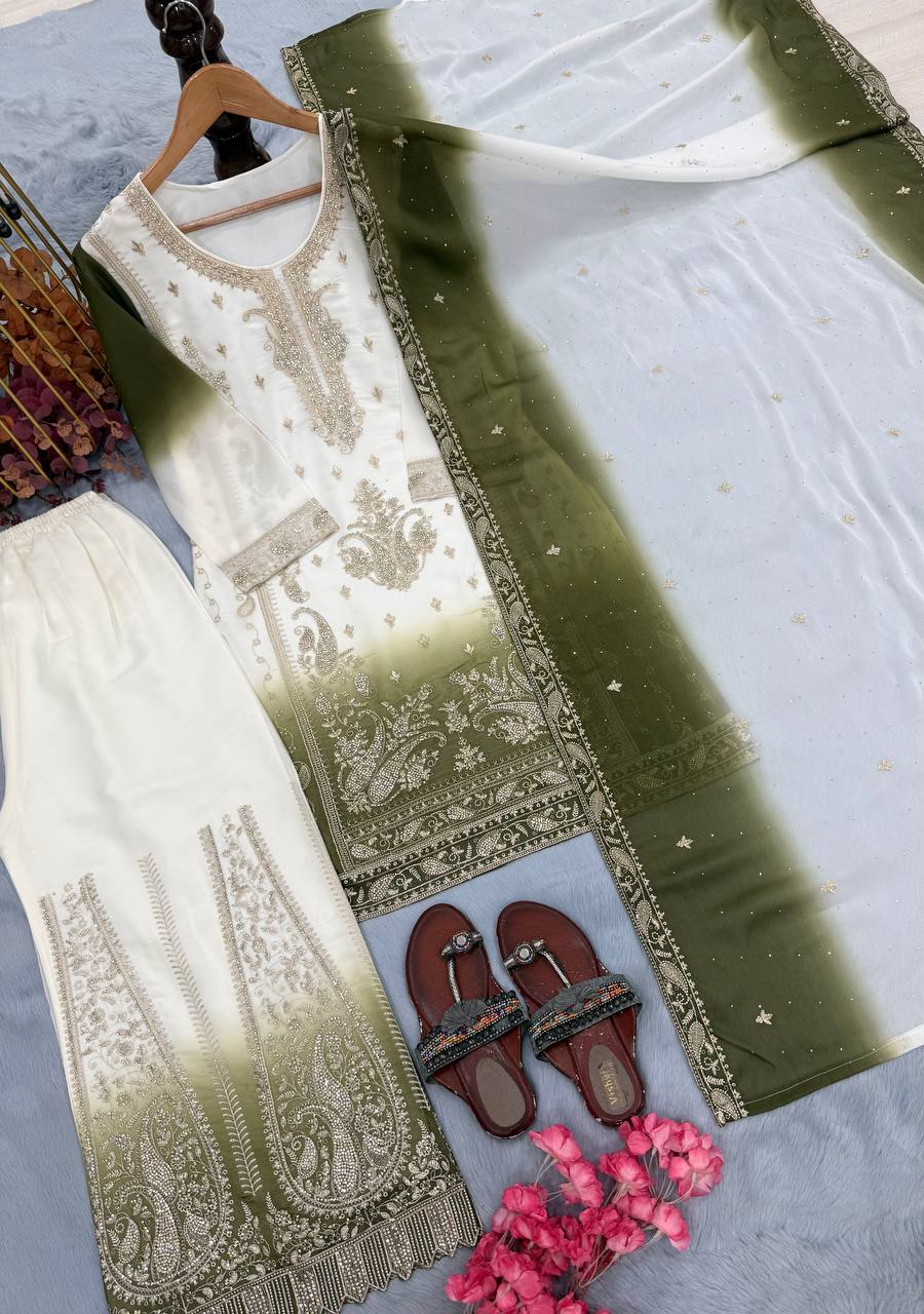 Yashvi Dual Tone Star Georgette Diamond Embroidered Kurti Palazzo with Dupatta Set